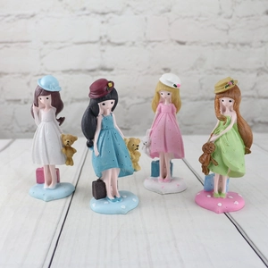 Set of four cute resin girl figurines with teddy bears for creative home desk decoration
