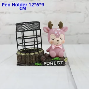 Cartoon deer pen holder with pink deer decor and black mesh cup, measures 12x6x9cm