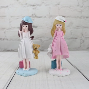 Cute resin girl figurines in mesh dresses with teddy bear and rabbit for home decor