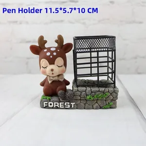Detail of cartoon deer desk organizer with metal mesh pen holder and FOREST inscription