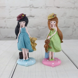 Cute resin girl figurines with teddy bears in blue and green dresses home decor set