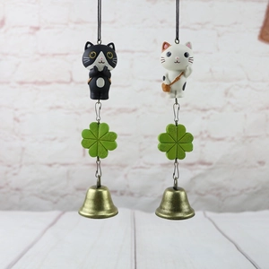 Cute black and white cartoon cat wind chimes with lucky clover and bronze metal bells