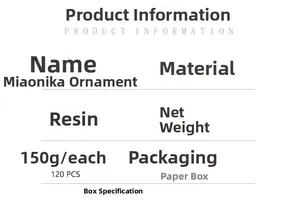 Specifications for resin cat figurine ornament showing material, weight and dimensions