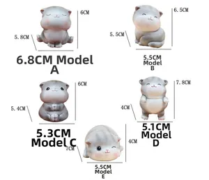Detailed size parameters for five distinct cat figurines in various playful poses