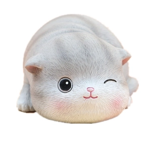 Cute grey and white resin cat figurine with winking expression for cake or car decor