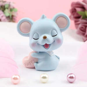 Figurine de souris bleue mignonne pour voiture tenant un cœur rose Happy