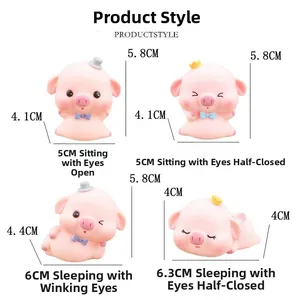 Size chart showing four cute pink resin pig figurines with dimensions for cake decoration
