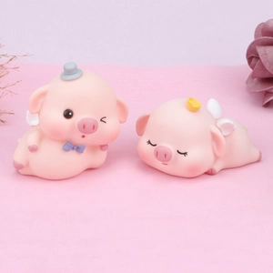 Cute pink cartoon pig figurines with wings and crown for birthday cake and room decor
