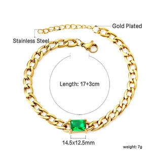 Détail du bracelet en acier plaqué or avec une pierre verte de taille émeraude et fermoir