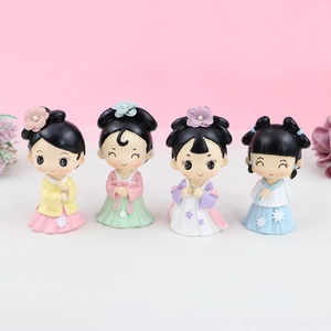 Set of four cute resin Chinese princess cake toppers in colorful traditional Hanfu