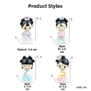 Detail showing dimensions and 4 styles of cartoon ancient Chinese princess cake toppers