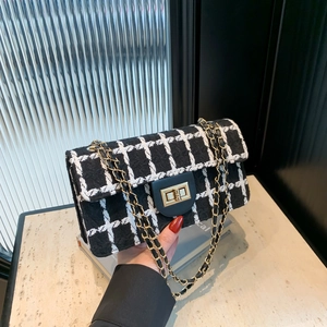 Sac Bandoulière Femme Tweed Motif À Carreaux Chaîne Métallique Rabat Carré Fermoir Tournant Sac À Épaule Élégant