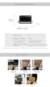 Detailed size chart and multi-color options for the PU leather crossbody bag with wide strap