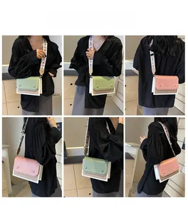 Multiple views of women's crossbody bag with colorful jacquard strap and flap closure