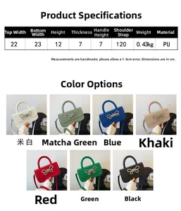 Detailed grid of fashion bow handbags showing all available colors and size specifications