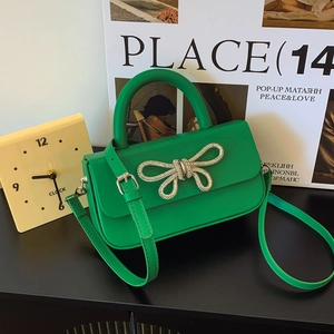 Women Fashion Rhinestone Bowknot Small Square Bag Elegant PU Synthetic Leather Handbag Party Evening Crossbody Bag Top Handle