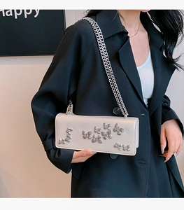 Detail of a beige crossbody bag featuring silver butterfly accents and elegant metal chain