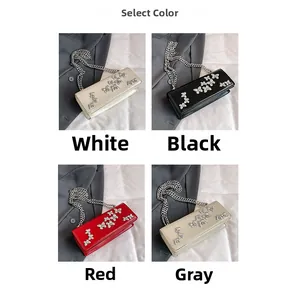 Detailed comparison of butterfly flap bags in white, black, red, and gray with chain straps