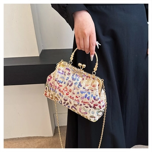 Detail of colorful sequined straw weave evening bag with gold chain and metal clasp