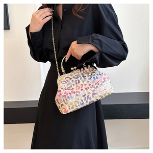 Detail of colorful woven clutch bag with gold metal handle and chain shoulder strap