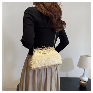 Detailed view of vintage brocade clutch bag featuring golden frame and elegant metal chain