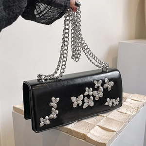Butterfly Crossbody Bag PU Leather Metal Chain Shoulder Purse Trendy Rectangle Flap Handbag For Women Chic Accessory