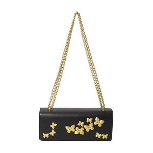 Elegant black leather butterfly square bag with gold chain strap on white background