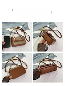 Detail views of mini vintage crossbody bag with brown leather contrast and silk scarf