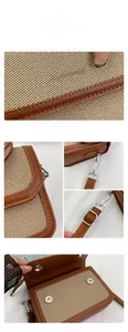 Detail view of woven shoulder bag featuring silver magnetic buckle and PU leather edge