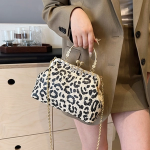 Straw woven leopard print evening clutch bag with gold chain strap and metal clasp