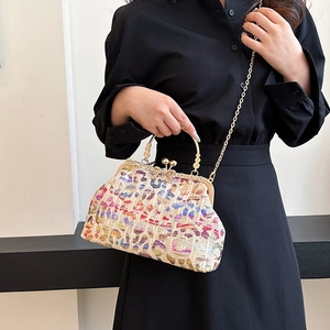Rainbow straw clutch evening bag with gold ring handle and chain strap for women