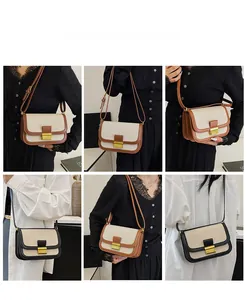 Linen and leather patchwork crossbody bag with gold lock shown in different wearing styles