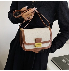 Close-up of vintage linen crossbody bag with brown leather trim and gold press lock buckle