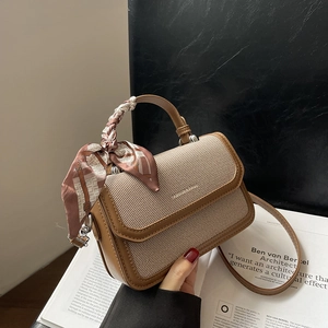 Women Crossbody Bag PU Leather Woven Fabric Small Square Handbag With Satin Scarf Handle Magnetic Buckle Vintage Fashion