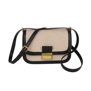 Retro linen patchwork crossbody bag with black leather trim and gold hardware