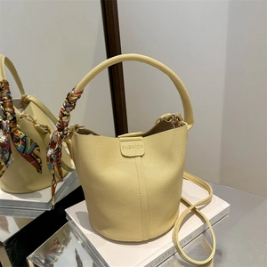 Women PU Leather Litchi Texture Bucket Bag Crossbody Shoulder Handbag With Satin Scarf Pouch Set Fashionable Elegant