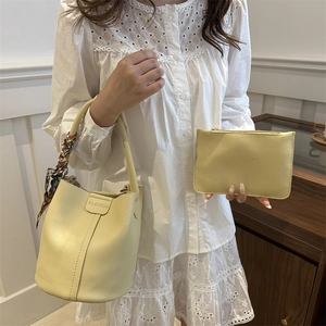 Yellow lychee pattern leather bucket bag with silk scarf and matching inner pouch