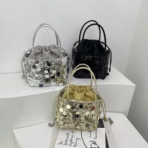 Fashionable sequin bucket bag with metal chain strap in silver, black and gold colors