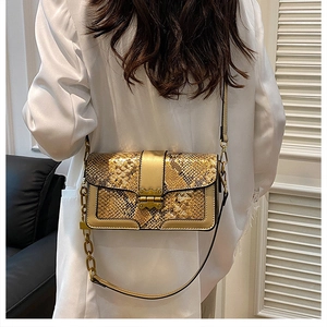 Detail of vintage snakeskin crossbody bag with golden metal lock and chain strap