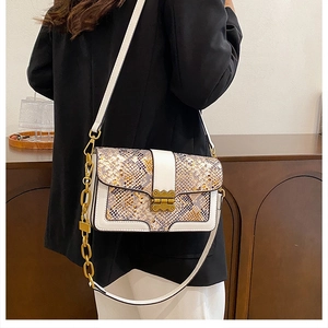 Detail of snake print leather flap bag with gold butterfly clasp and chain strap