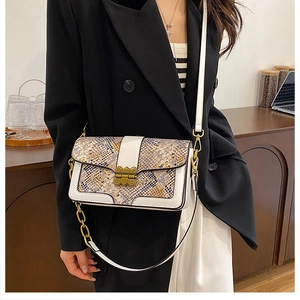 Model showing snake print crossbody bag with gold buckle and chain strap on black blazer