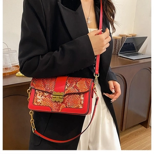 Detail of red snake pattern handbag featuring gold chain and retro metallic buckle