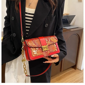 Detail of red snake pattern handbag with vintage gold buckle and metal chain strap