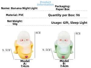 Macro view showing dimensions and parameters of banana night light in yellow and green