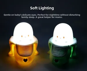 Close-up of banana-shaped night lights with cute faces and red heart power buttons