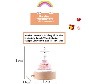 Detailed specs of beech wood ballerina music box with pink three-layer cake design