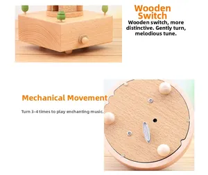Detail of wooden music box with side toggle switch and mechanical wind-up mechanism