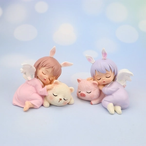 Cute resin angel girl figurines with rabbit ears and small wings for room decoration