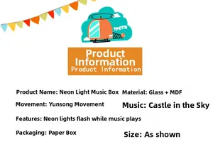 Specifications of neon music box with glass dome, MDF base, and flashing lights