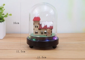 Detailed view showing dimensions 16x11.5cm for bear cabin music box with LED base